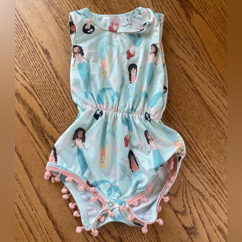 Mermaid Print Baby Romper with Pom Pom Trim